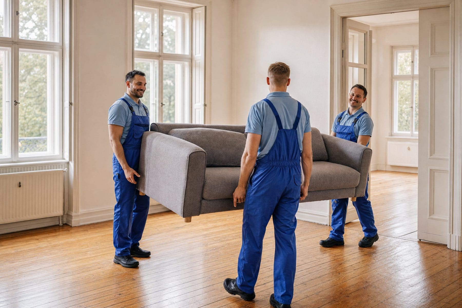Umzugshelfer tragen ein Sofa in eine helle Wohnung