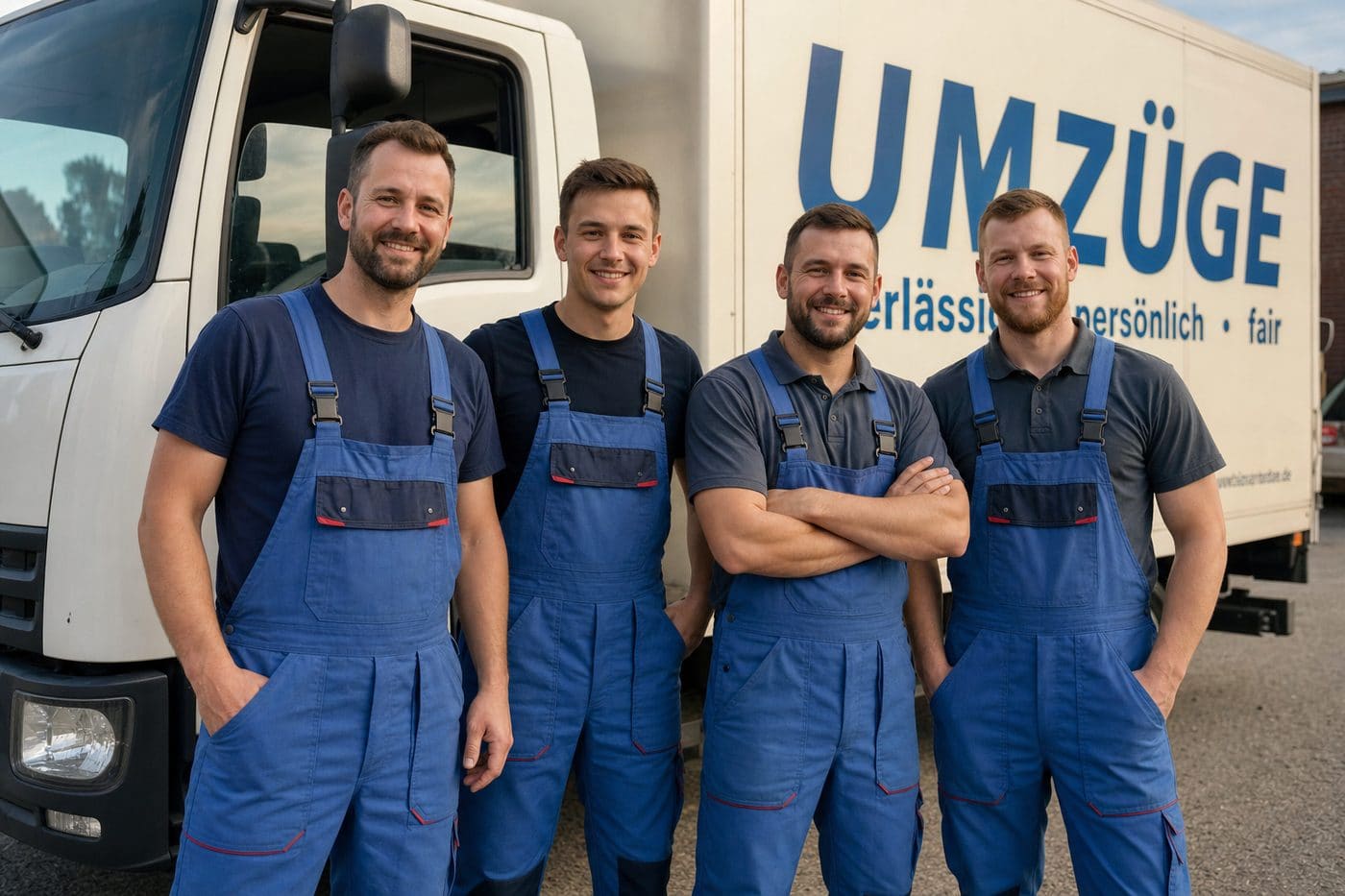 Umzugsteam in blauer Arbeitskleidung vor einem Umzugs-LKW